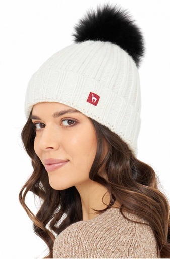 Bonnet d'alpaga BIANCA avec pompon en bébé alpaga et laine mélangée- Blanc -APU KUNTUR